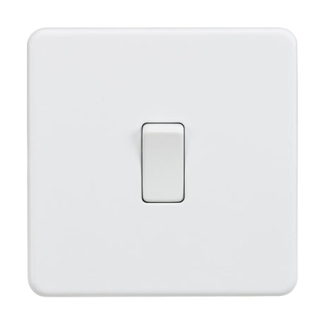 The 10AX 1 Gang DP Switch - Matt White (Screwless) is centrally positioned on the wall with a modern, simple square design. It is in the off position against a plain white background, blending seamlessly into its surroundings.