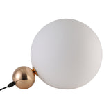 The Soul Table Lamp - Gold is a modern lamp with a large white frosted glass sphere next to a smaller shiny gold metallic sphere, both connected by a sleek black power cord.