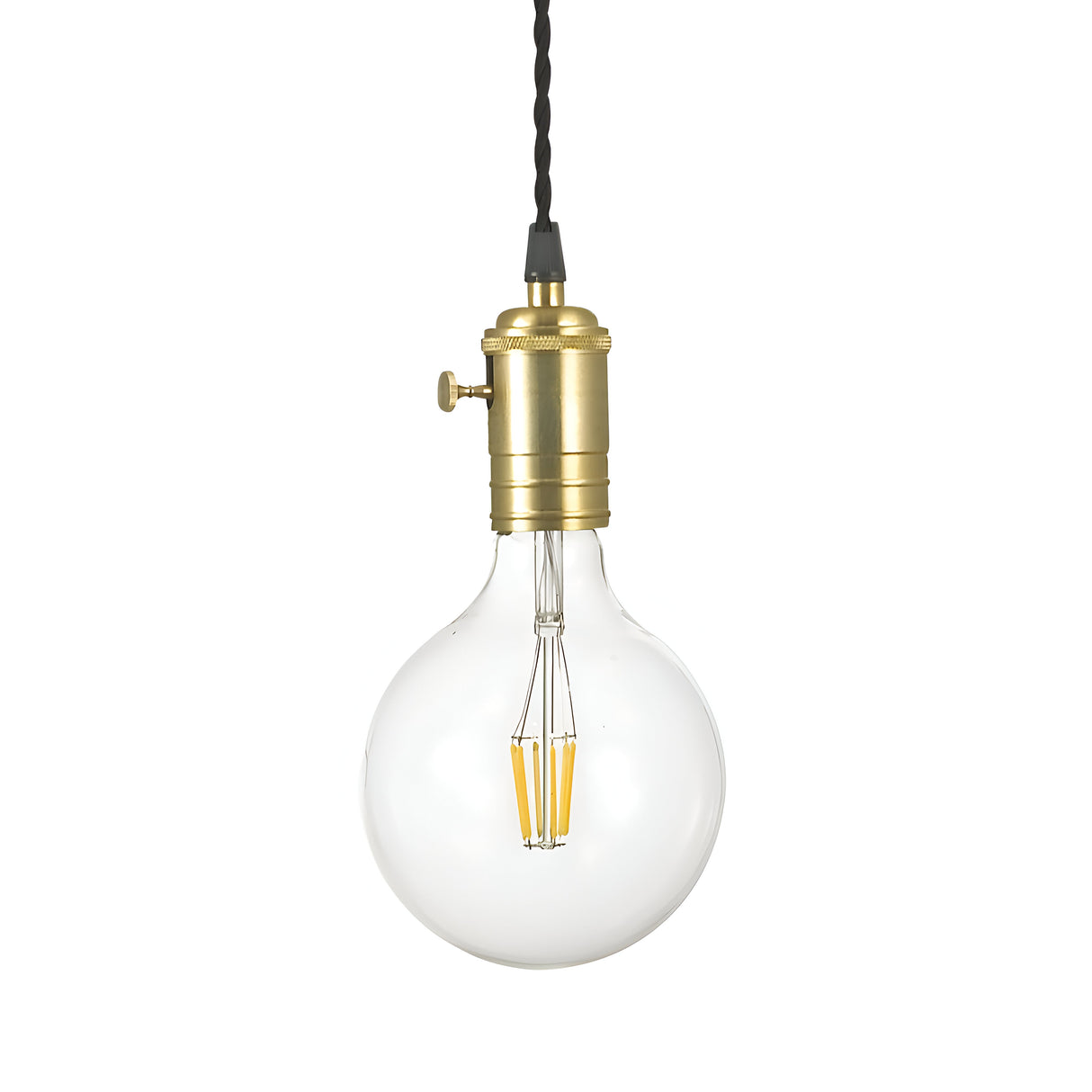 Introducing the Lantern 1 Light Pendant - Brass: a vintage-style design featuring a clear glass light suspended from a black twisted cord. This pendant light blends classic charm with modern aesthetics, highlighted by its elegant round shape and brass socket.
