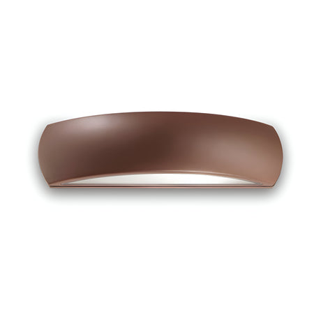 Introducing the Solara Outdoor Wall Light - Brown, a contemporary curved fixture made from powder-coated aluminium with an IP54 rating. Its sleek brown finish and white diffuser provide a gentle illumination against a white backdrop.