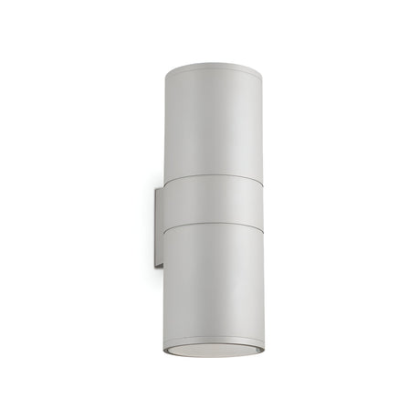 Introducing the Solar 2 Light Outdoor Large Wall Light - Grey, featuring a sleek cylindrical design in matte silver. This durable aluminum fixture is mounted on a matching rectangular base and offers an up-and-down orientation that beautifully illuminates both upwards and downwards, perfect for any stylish exterior setting.