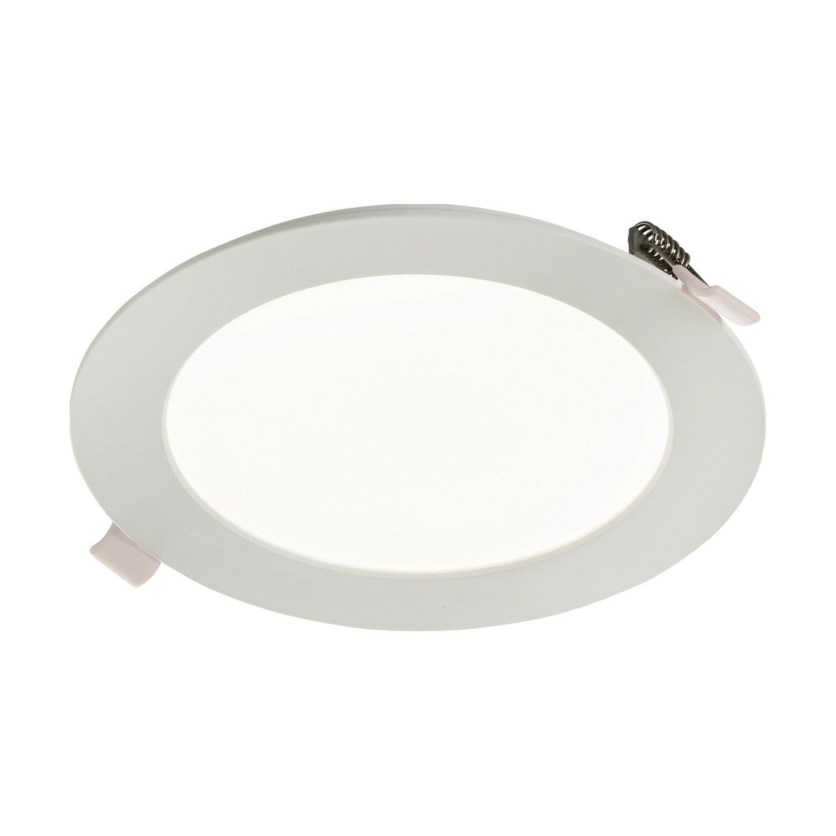 The Kara 12W LED Recessed Panel Light is a round, white ceiling light with a slim profile and edge-lit technology, featuring a smooth, flat surface and two small mounting clips on the side. Its design is minimalistic and modern.