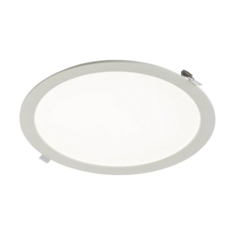 The Kara 24W LED Recessed Panel Light is a circular ceiling fixture with a white frame, featuring a slim design and edge-lit technology. It is designed to be flush-mounted, offering a modern and sleek appearance. When turned on, it emits a bright, even glow.