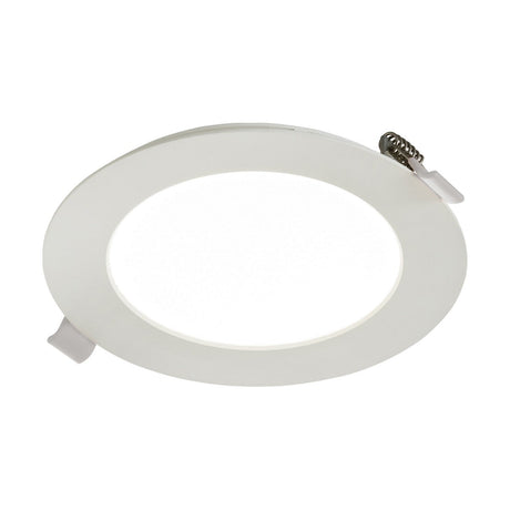 The Kara 6W LED Recessed Panel Light is a round, white ceiling light with a slim design and thin bezel, featuring integrated spring clips for easy installation. It provides uniform illumination when viewed from below on a plain white background.