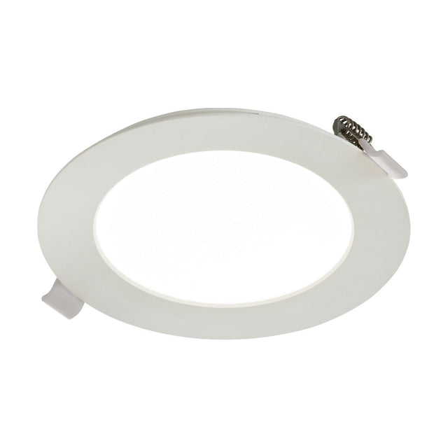 The Kara 6W LED Dimmable Recessed Panel Light is a round, white fixture with a simple, minimalist design that incorporates edge-lit technology. Its slim profile features a flat outer rim and smooth surface, making it perfect for ceiling installation.