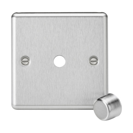 A 1 Gang Dimmer Plate with a matching metal dimmer cap in brushed chrome, featuring a rounded edge design. This stylish piece includes dimmer modules, two screw holes, and a cylindrical knob in the central hole.