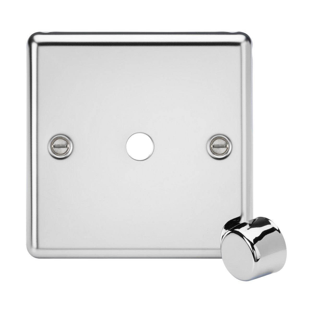 A 1 Gang Dimmer Plate With Matching Metal Dimmer Cap - Polished Chrome (Rounded Edge) features a gleaming polished chrome plate with a central hole and two screws. To the right, a small, separate chrome knob stands out against the clean white background.