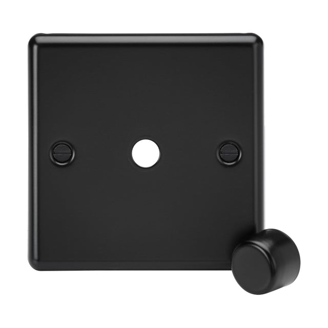 A 1 Gang Dimmer Plate with a matt black finish features a central circular hole and two visible screws, complemented by a sleek cylindrical dimmer knob in the bottom right corner. This matching metal dimmer cap adds a touch of modern elegance to the design.