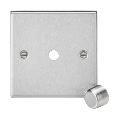 The 1 Gang Dimmer Plate with Matching Metal Dimmer Cap in brushed chrome features a square edge design, two screws, and a separate round knob.