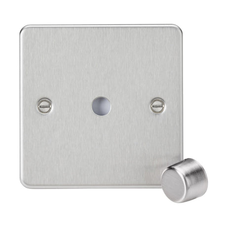 The 1 Gang Dimmer Plate with Matching Metal Dimmer Cap in Brushed Chrome features a low-profile flat plate with two screw holes and a round, metallic knob situated on the lower right side against a plain white background.