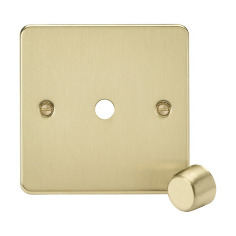 The 1 Gang Dimmer Plate with Matching Metal Dimmer Cap in brushed brass offers modern design elegance, featuring a square flat plate with a central hole and two visible screws on each side, paired with a sleek cylindrical knob.