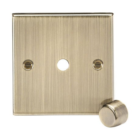 The 1 Gang Dimmer Plate with Matching Metal Dimmer Cap in Antique Brass (Square Edge) features a square plate and cylindrical knob for elegant lighting control, with two screw holes flanking a central hole, ideal for any 1 gang dimmer setup.