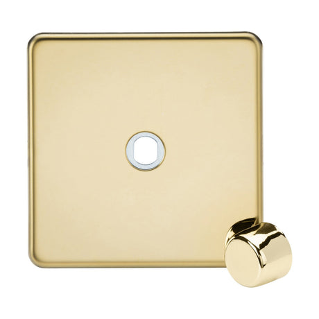 The 1 Gang Dimmer Plate with Matching Metal Dimmer Cap in polished brass features a center hole beside a matching round knob. Crafted from premium-grade steel, its screwless design offers a smooth, reflective surface for elegance.