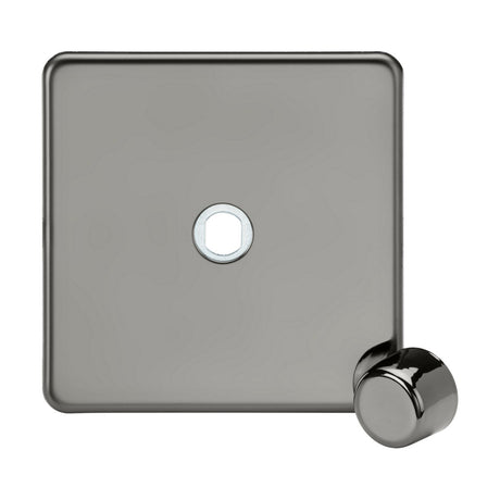 A square, screwless black nickel finish lens cover with a central opening and a small cylindrical corner attachment, resembling the sleek elegance of a 1 Gang Dimmer Plate With Matching Metal Dimmer Cap - Black Nickel.