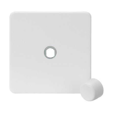 The 1 Gang Dimmer Plate with Matching Metal Dimmer Cap in matt white showcases a low profile design featuring a central circular hole and is complemented by a detached screwless dimmer knob, offering an elegant and modern aesthetic.