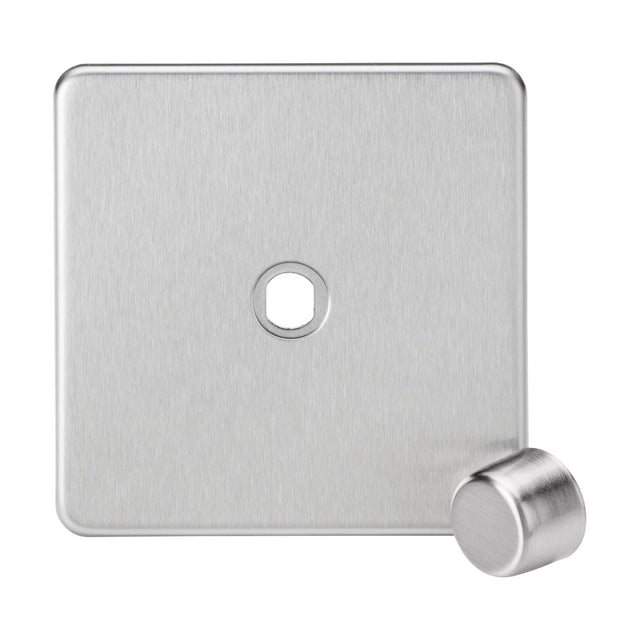 The 1 Gang Dimmer Plate with a Matching Metal Dimmer Cap in Brushed Chrome showcases a screwless design, made from premium grade steel, with one hole accompanied by a cohesive cylindrical knob, all presented on a plain white backdrop.