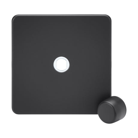 An anthracite, square-shaped dimmer plate with a central circular button features a separate black cylindrical dial in the bottom right corner, all set against a plain white background.