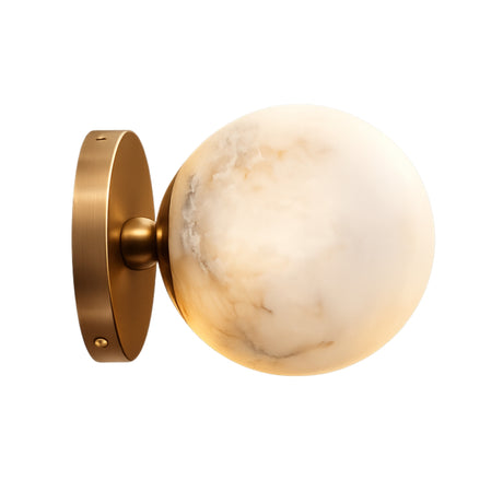 The Lunavere 1 Light Sphere Alabaster Wall Light in soft white and brass features a round alabaster globe and gold-toned base, bringing elegant style to any room.