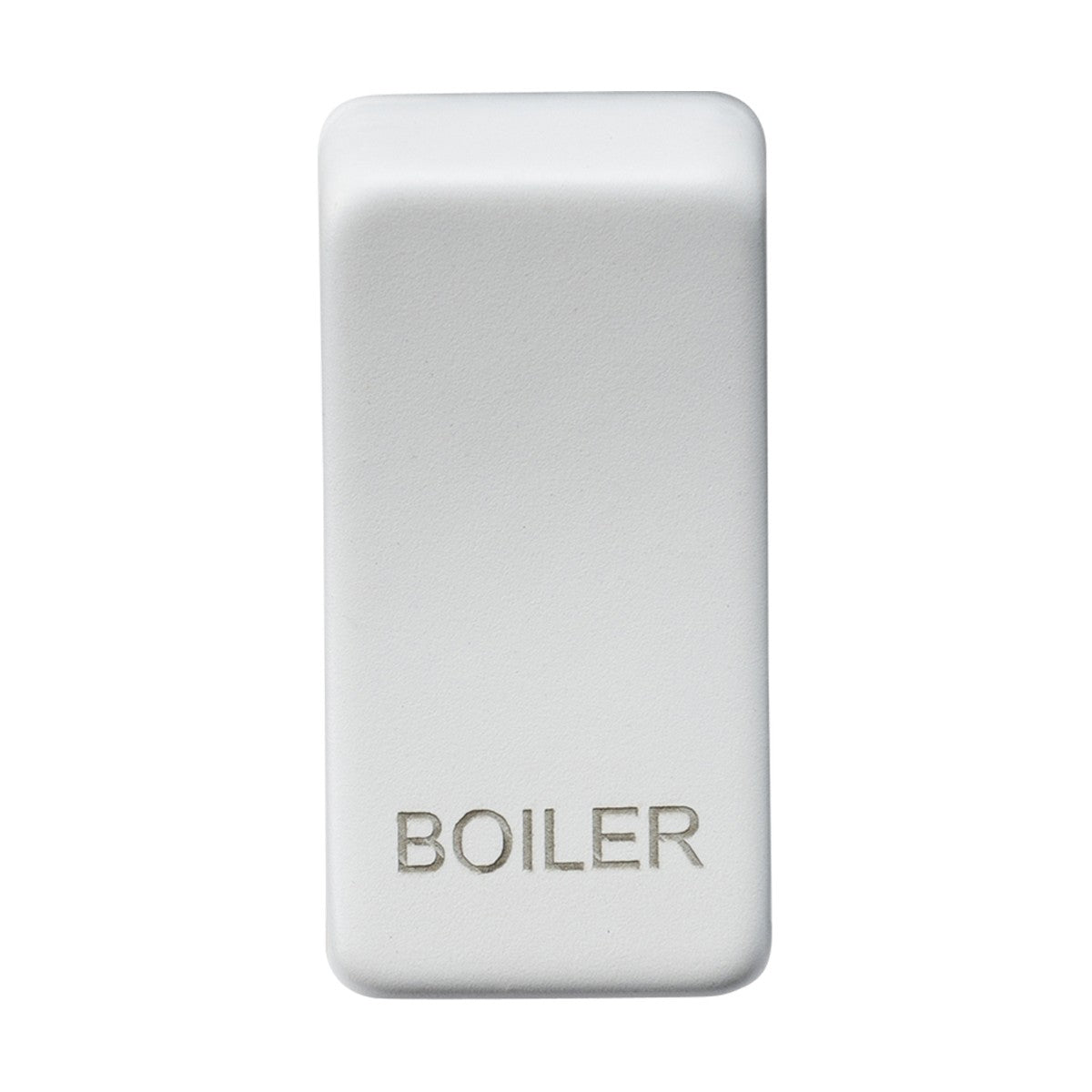 A switch cover marked "BOILER" in a sleek matt white finish, crafted with durable ABS construction, is set against a plain background.