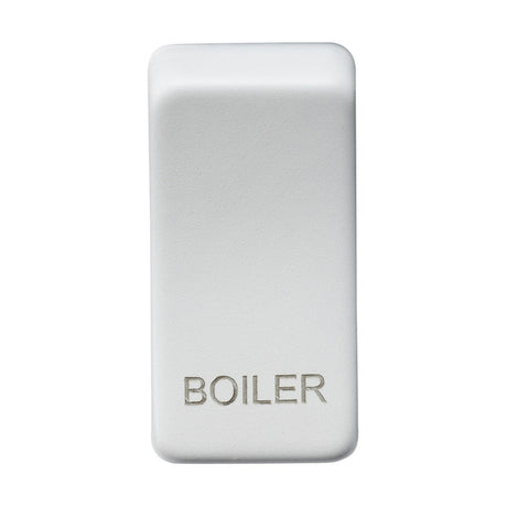 A switch cover marked "BOILER" in a sleek matt white finish, crafted with durable ABS construction, is set against a plain background.