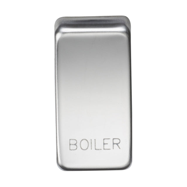 A polished chrome Switch Cover marked "BOILER" features a sleek, rectangular design with rounded edges. The engraved word BOILER gleams, reflecting light brilliantly against a plain white background, exuding modern elegance.