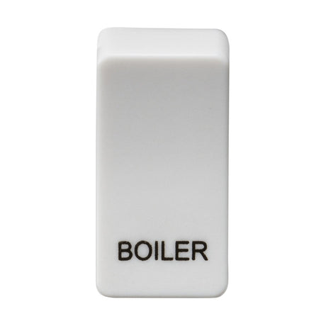 A switch cover labeled "BOILER" in black letters, made with a durable ABS finish, featuring a sleek rectangular design and offering interchangeable rocker covers to suit any decor.