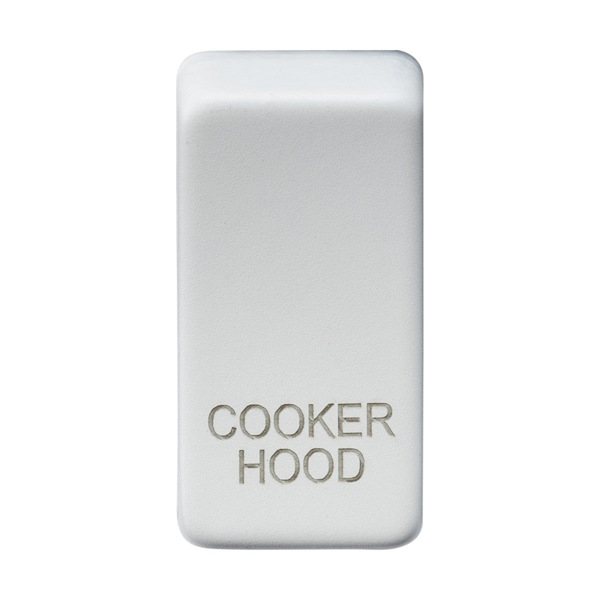 The product, "Switch Cover 'Marked COOKER HOOD' - Matt White," offers a white rectangular design with interchangeable rocker covers for personalization.