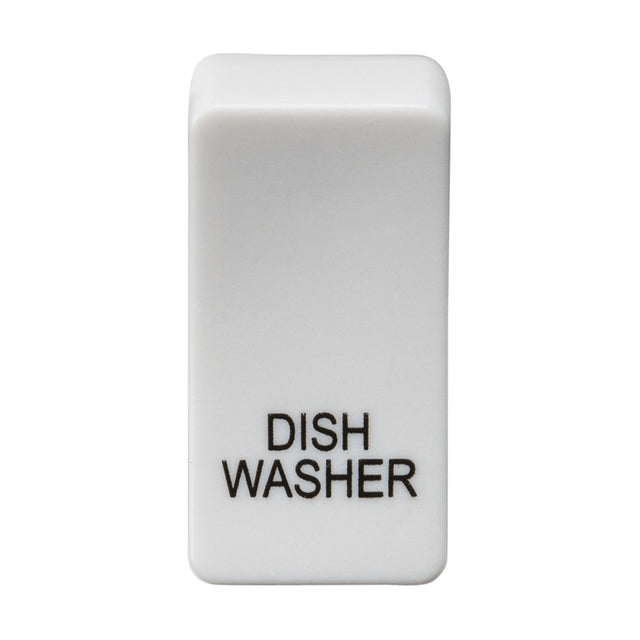 A white rectangular switch cover, marked with "DISHWASHER" in black text, showcases a sleek white finish on a plain background.