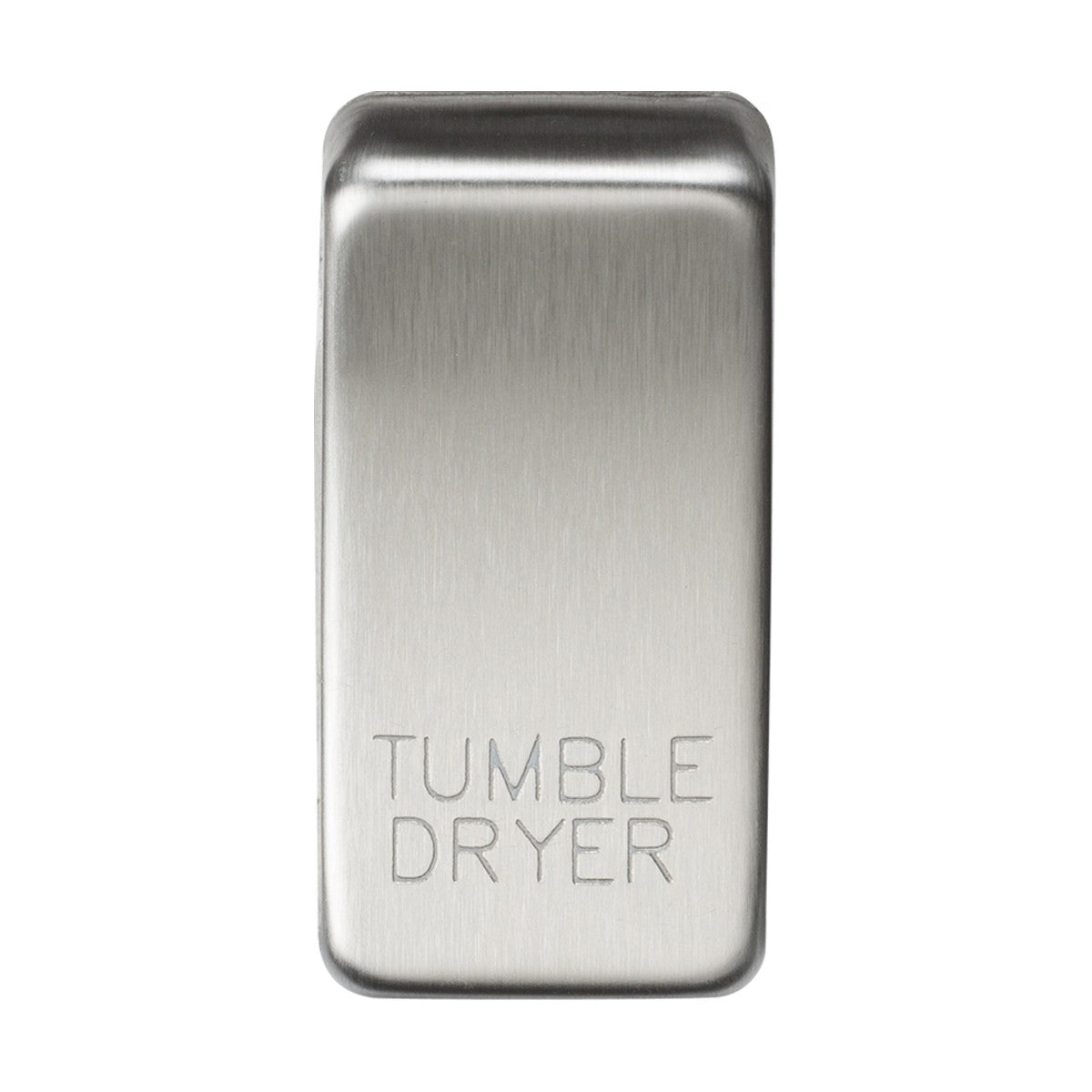 In the image, a sleek and modern brushed chrome switch cover marked "TUMBLE DRYER" takes center stage. With an IP20 rating, its slightly rounded rectangular shape resembles high-end rocker covers.