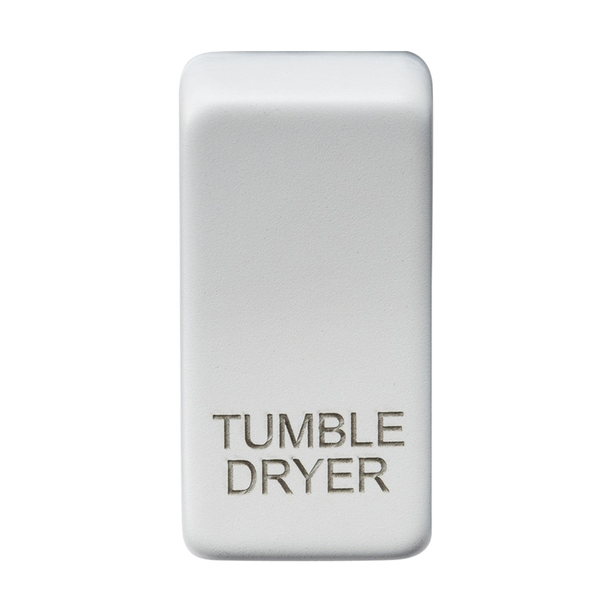 A rectangular white object with rounded edges, made from durable ABS material, features the product name "Switch Cover 'Marked TUMBLE DRYER'" in raised silver letters against a plain white background.