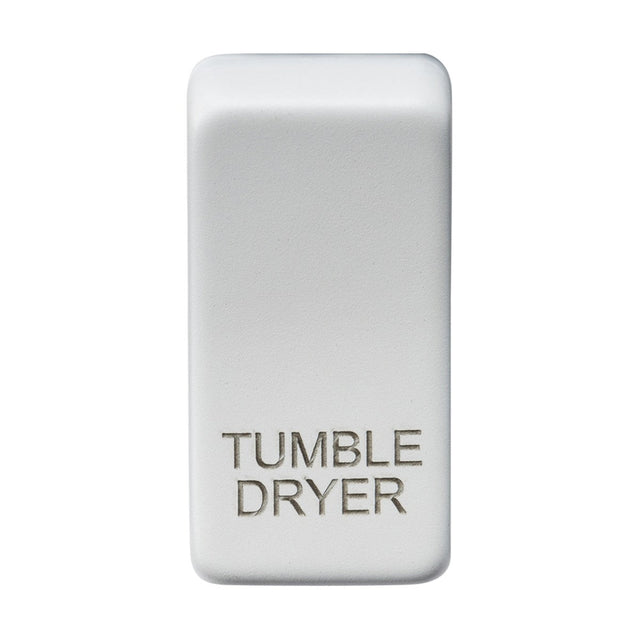 A rectangular white object with rounded edges, made from durable ABS material, features the product name "Switch Cover 'Marked TUMBLE DRYER'" in raised silver letters against a plain white background.