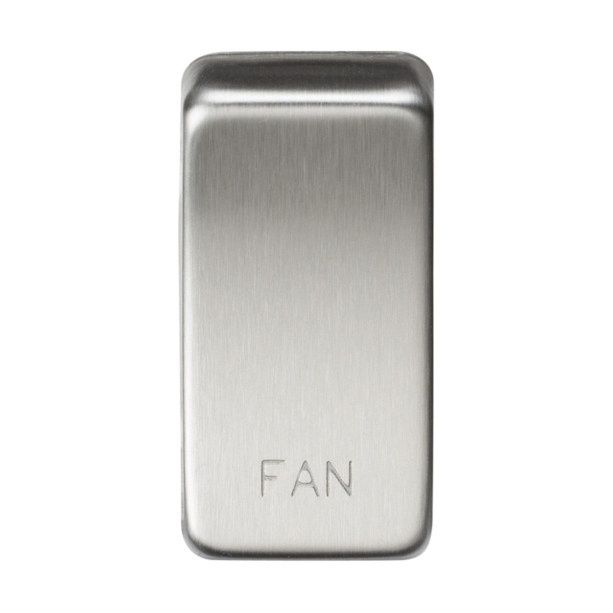 A rectangular stainless steel wall switch features a brushed chrome finish, is engraved with "FAN" at the bottom center, and comes with interchangeable rocker covers for versatility. It is known as the Switch Cover "Marked FAN" - Brushed Chrome.