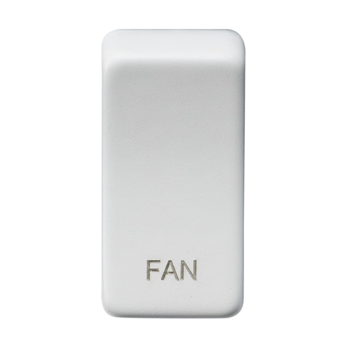 The Switch Cover "Marked FAN" in Matt White is a stylish white rectangular wall switch with a replaceable rocker cover, featuring the word FAN at the bottom. When it's in the off position, it highlights its durable ABS construction and elegant matte white finish.