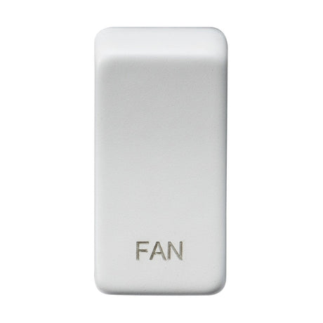 The Switch Cover "Marked FAN" in Matt White is a stylish white rectangular wall switch with a replaceable rocker cover, featuring the word FAN at the bottom. When it's in the off position, it highlights its durable ABS construction and elegant matte white finish.