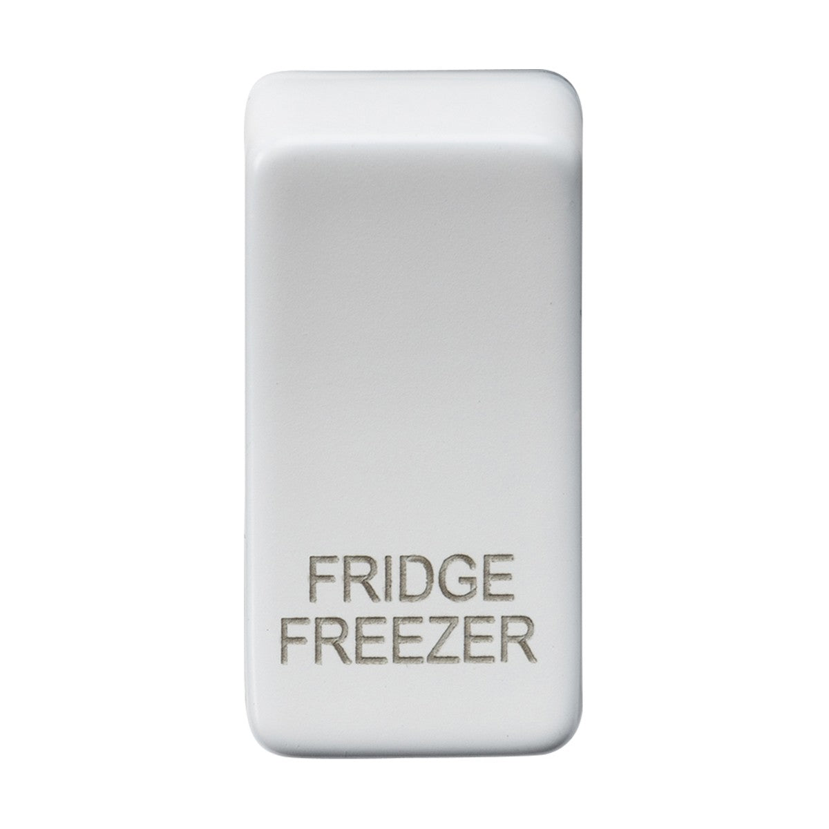 A rectangular Switch Cover "Marked FRIDGE/FREEZER" in Matt White with rounded edges, featuring an engraving of FRIDGE FREEZER in silver on the front and interchangeable rocker covers for a customizable look.