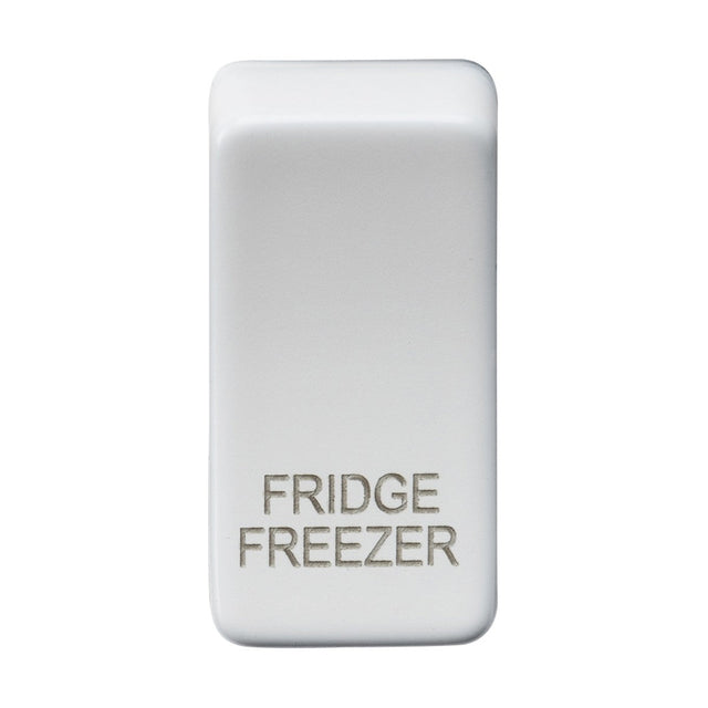 A rectangular Switch Cover "Marked FRIDGE/FREEZER" in Matt White with rounded edges, featuring an engraving of FRIDGE FREEZER in silver on the front and interchangeable rocker covers for a customizable look.