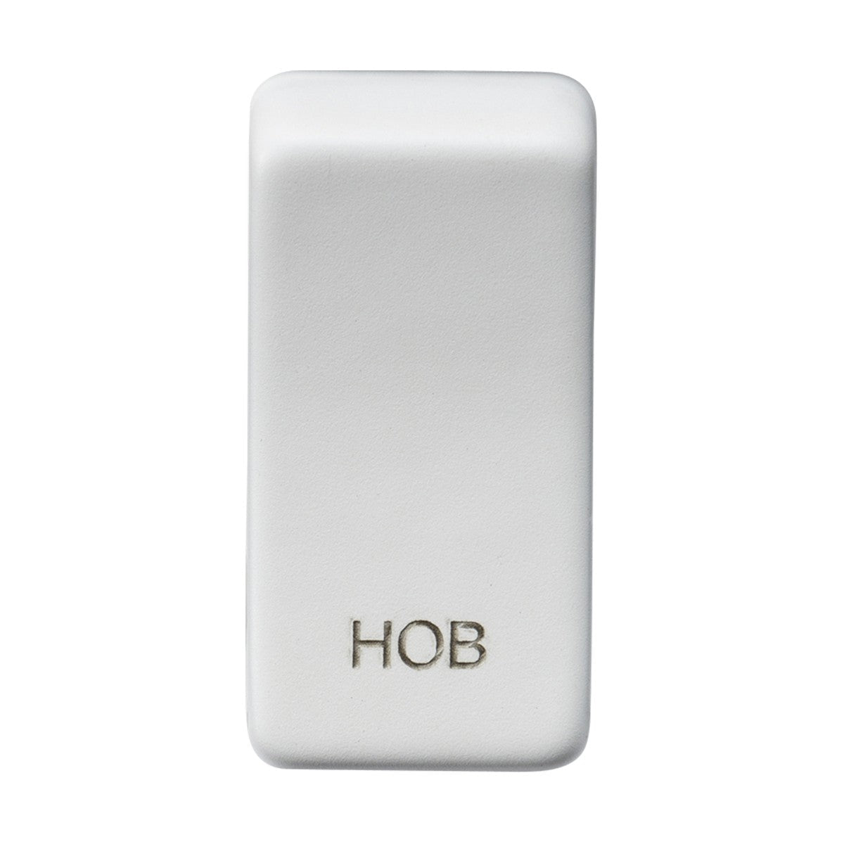 A rectangular switch cover made from white ceramic, finished in matt white with rounded edges and labeled "HOB" in gray text, set against a pristine white background.