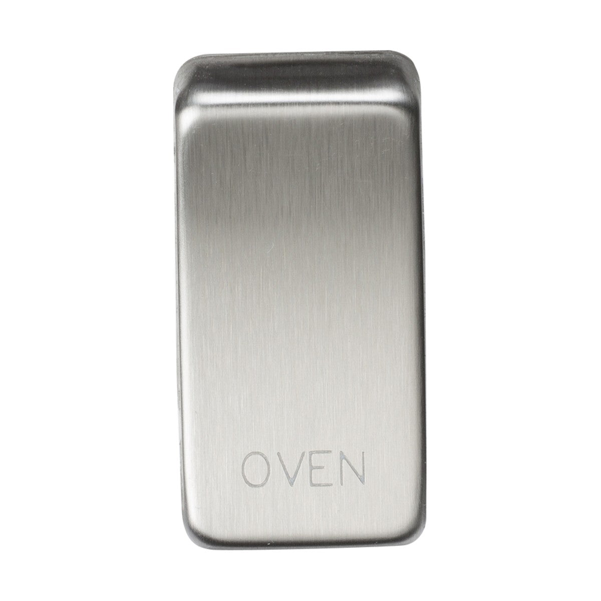 A sleek, rectangular metal object with a brushed chrome finish, IP20 rated and engraved with "Marked OVEN" at the bottom.