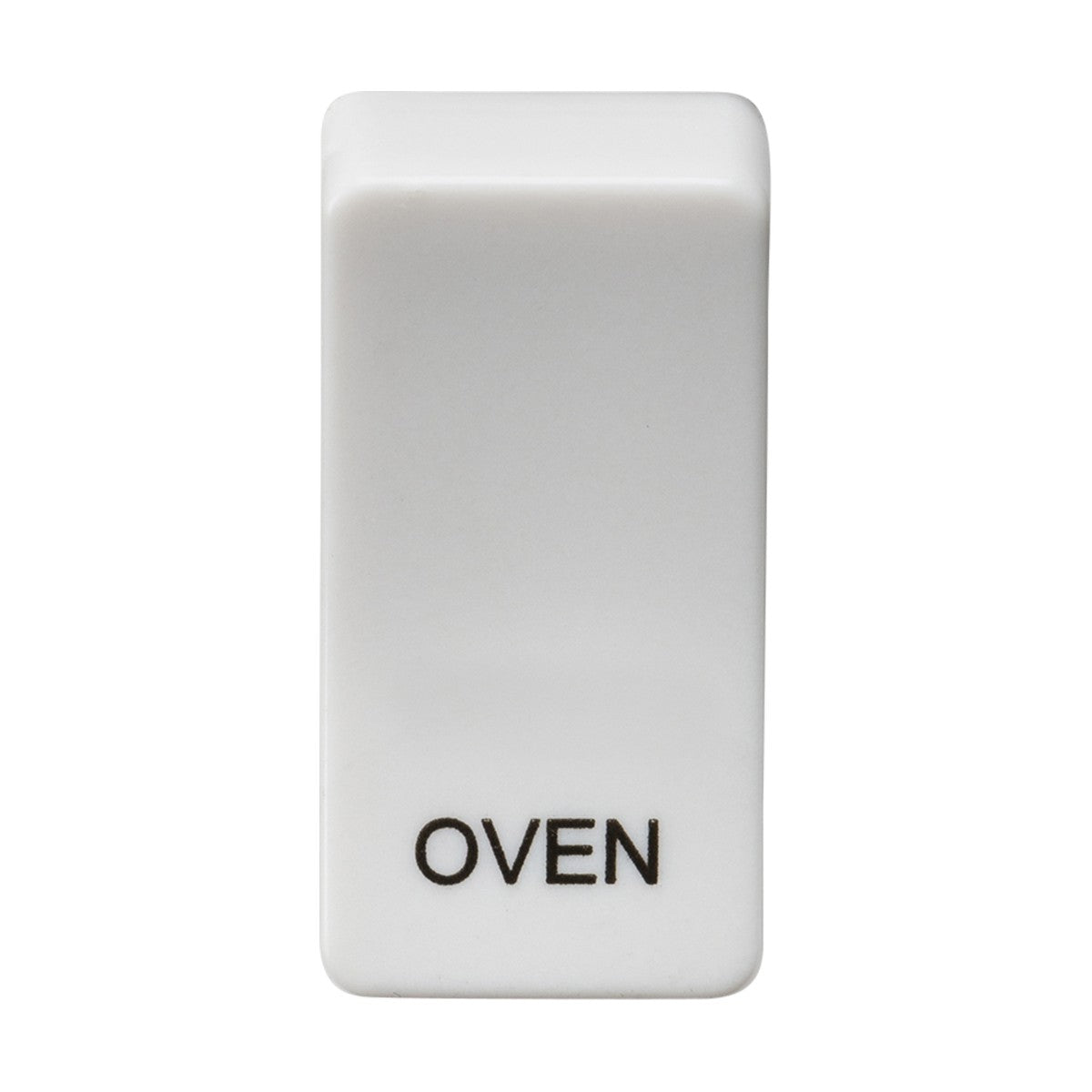 A sleek white rectangular block labeled "Switch Cover 'Marked OVEN' - White" is elegantly printed in black, featuring an ABS finish, set against a plain white background.