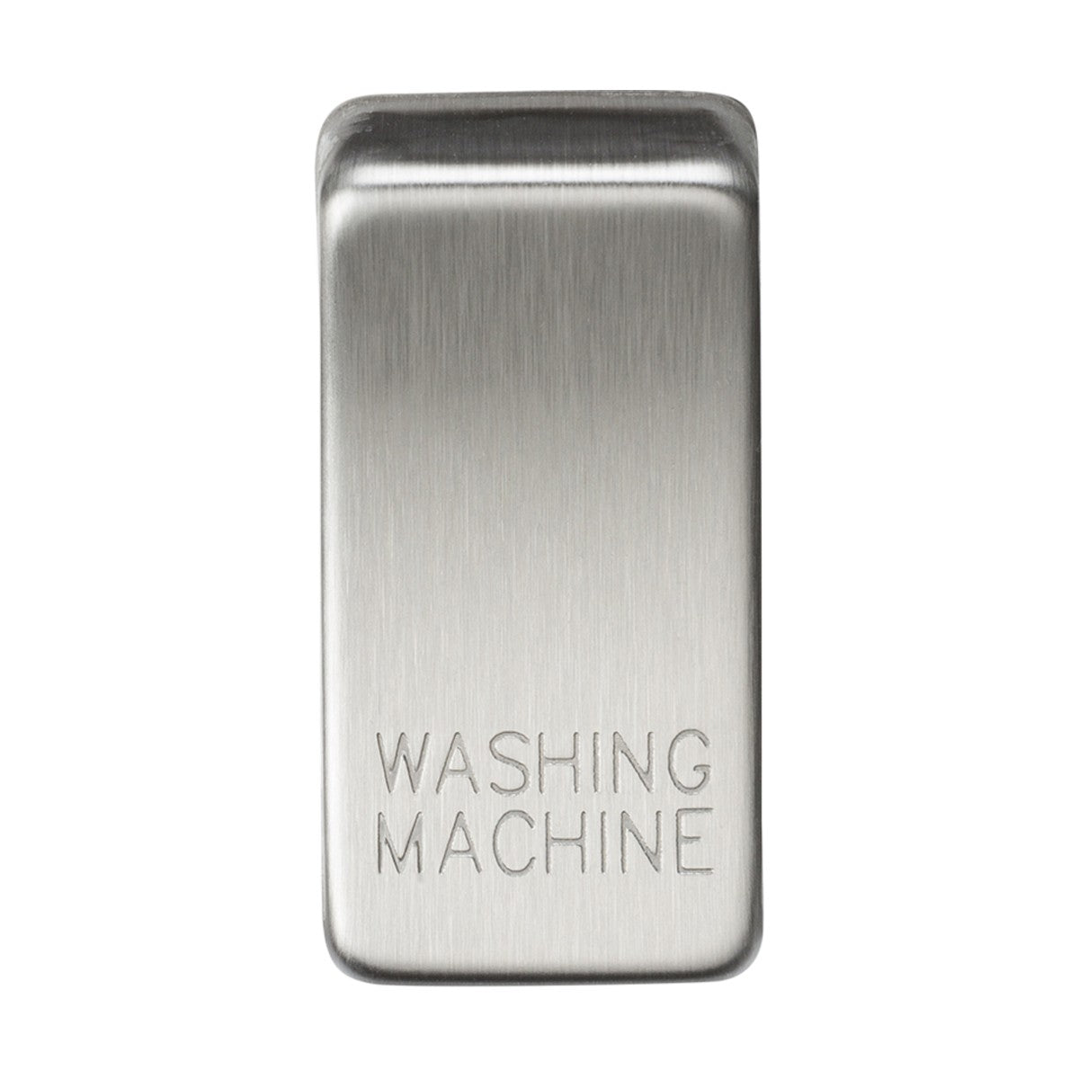 A brushed chrome switch cover, labeled "WASHING MACHINE," is displayed against a plain white background, its design evocative of sleek rocker covers.