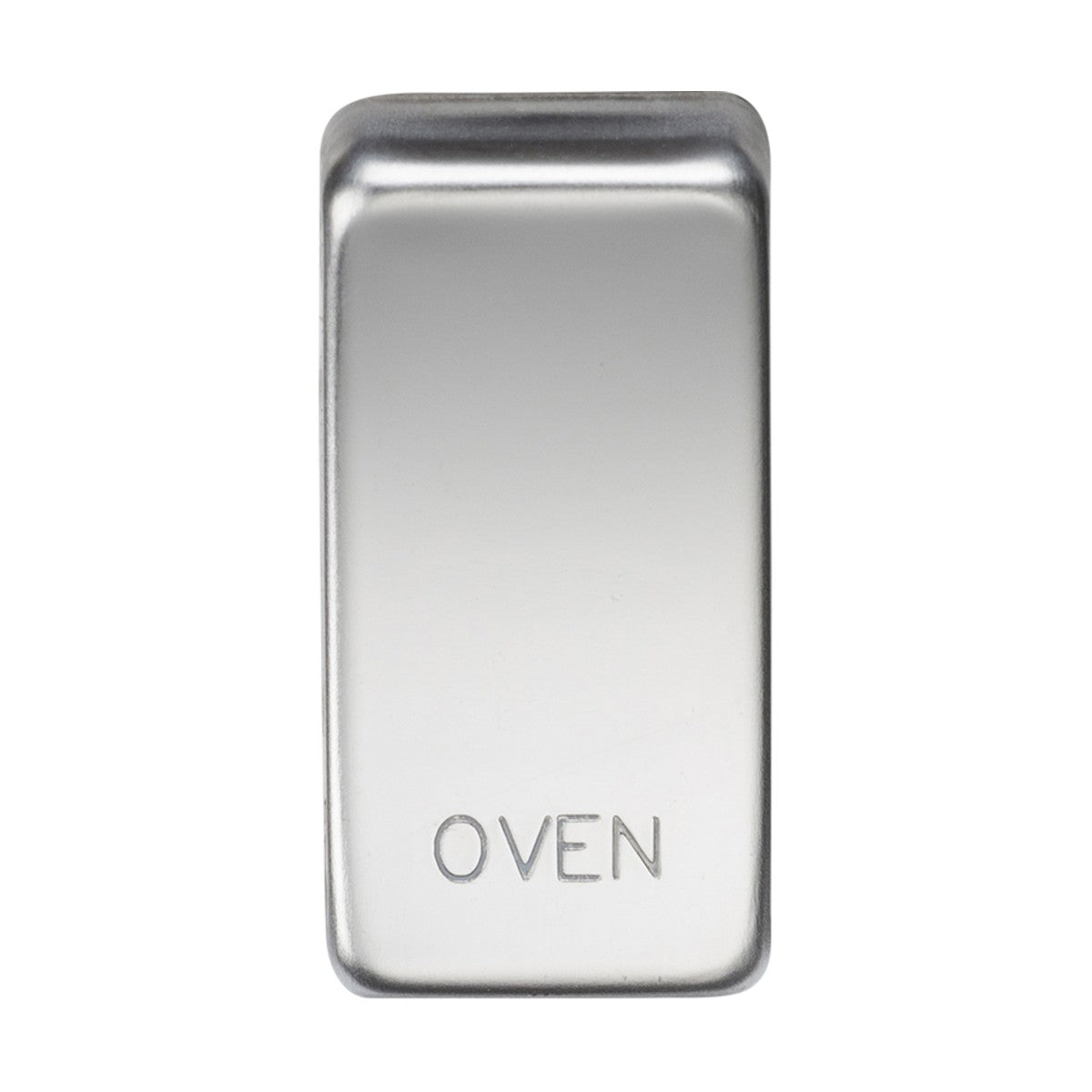 Introducing the Switch Cover "Marked OVEN" in polished chrome, a versatile knob designed to control oven settings. Its shiny, reflective surface evokes the look of classic rocker covers and offers an interchangeable design ideal for versatile kitchen styling.