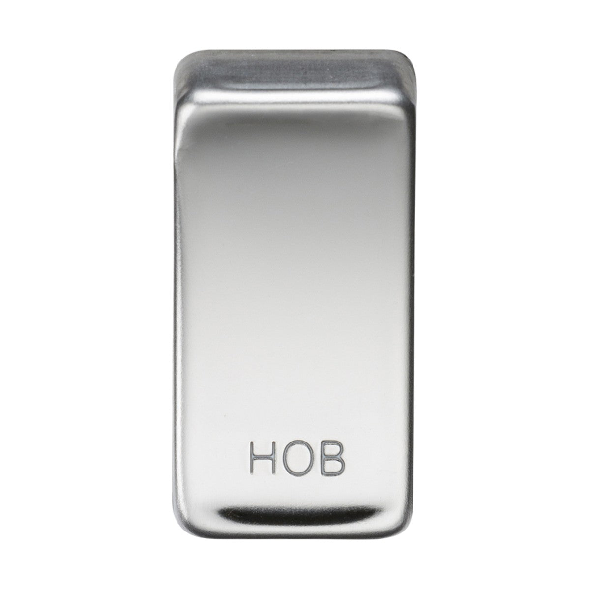 The product is a Switch Cover "Marked HOB" - Polished Chrome, featuring a shiny, rectangular design with rounded edges and embossed with the letters HOB at the bottom center. It boasts a reflective metallic finish similar to rocker covers.