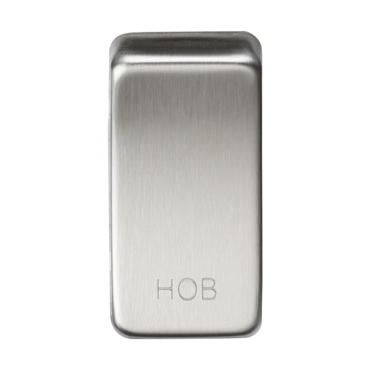 This rectangular switch cover, engraved with the word "HOB," showcases a brushed chrome finish reminiscent of sleek rocker covers.