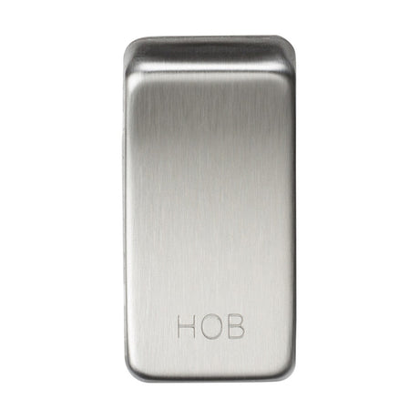 This rectangular switch cover, engraved with the word "HOB," showcases a brushed chrome finish reminiscent of sleek rocker covers.