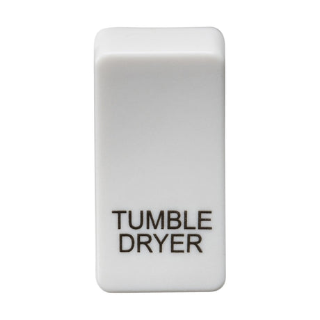 A white switch cover with a rectangular shape and rounded edges, adorned with an ABS finish and the phrase "TUMBLE DRYER" in black capital letters on one side.