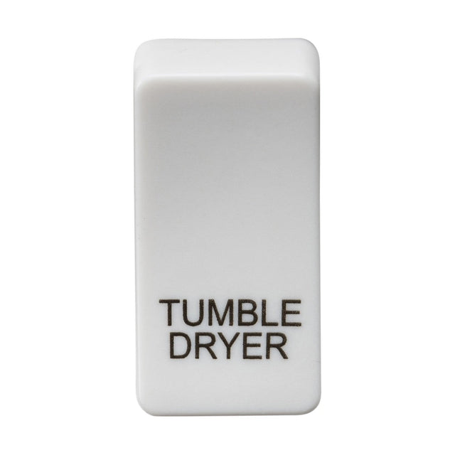 A white switch cover with a rectangular shape and rounded edges, adorned with an ABS finish and the phrase "TUMBLE DRYER" in black capital letters on one side.