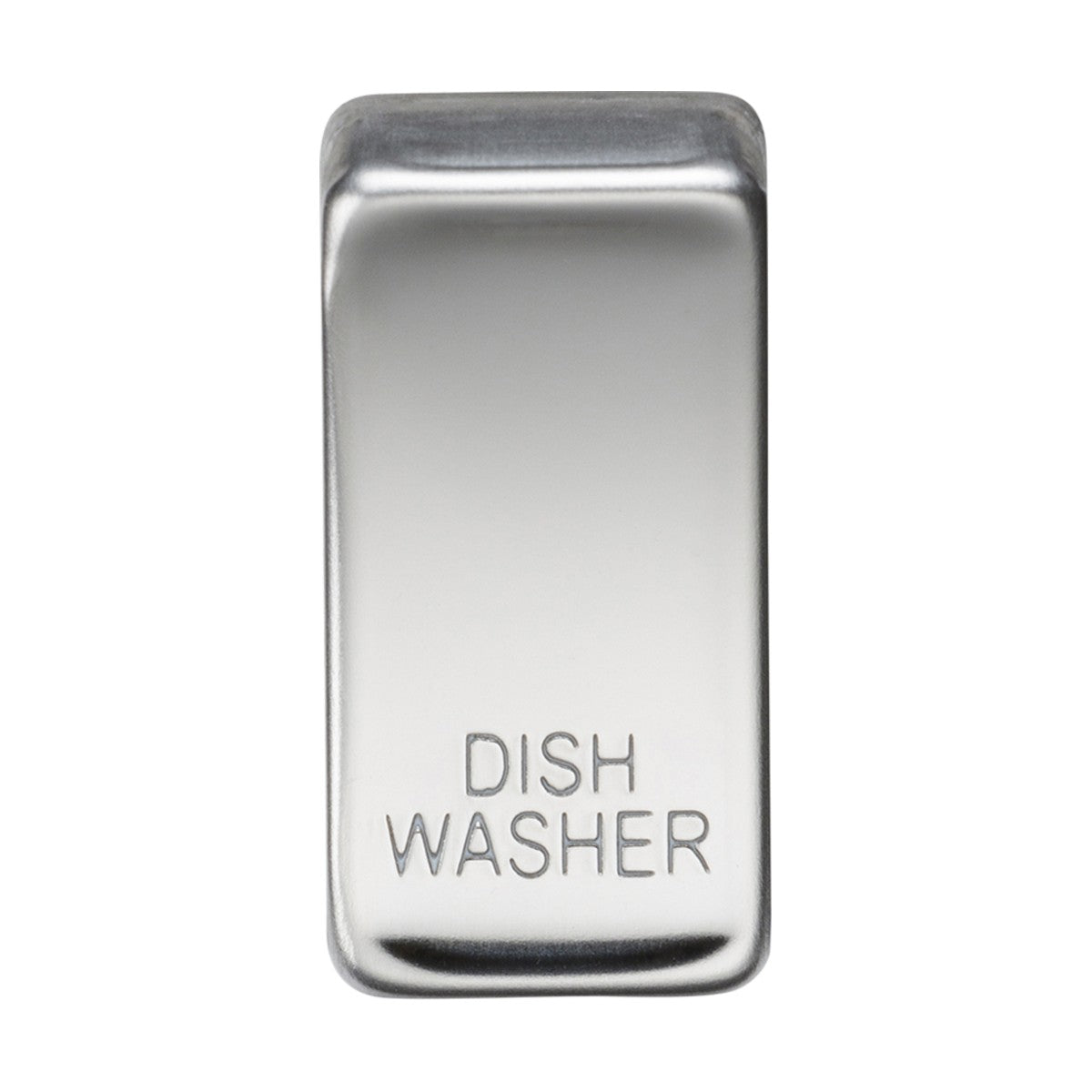 A sleek rectangular magnet, titled "Marked DISHWASHER" in uppercase letters, features a polished chrome surface with a smooth and shiny finish. Its slightly rounded edges enhance its appeal, making it an elegant addition to any kitchen decor.