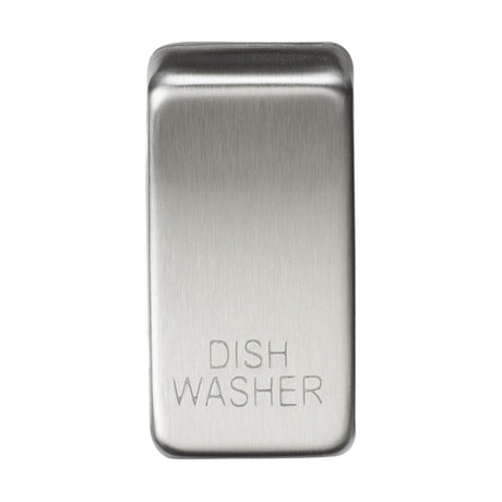 A sleek, rectangular magnet labeled "DISHWASHER" in capital letters features a brushed chrome finish that adds a modern touch. With its interchangeable design, the Switch Cover "Marked DISHWASHER" - Brushed Chrome is a versatile addition to any kitchen decor.