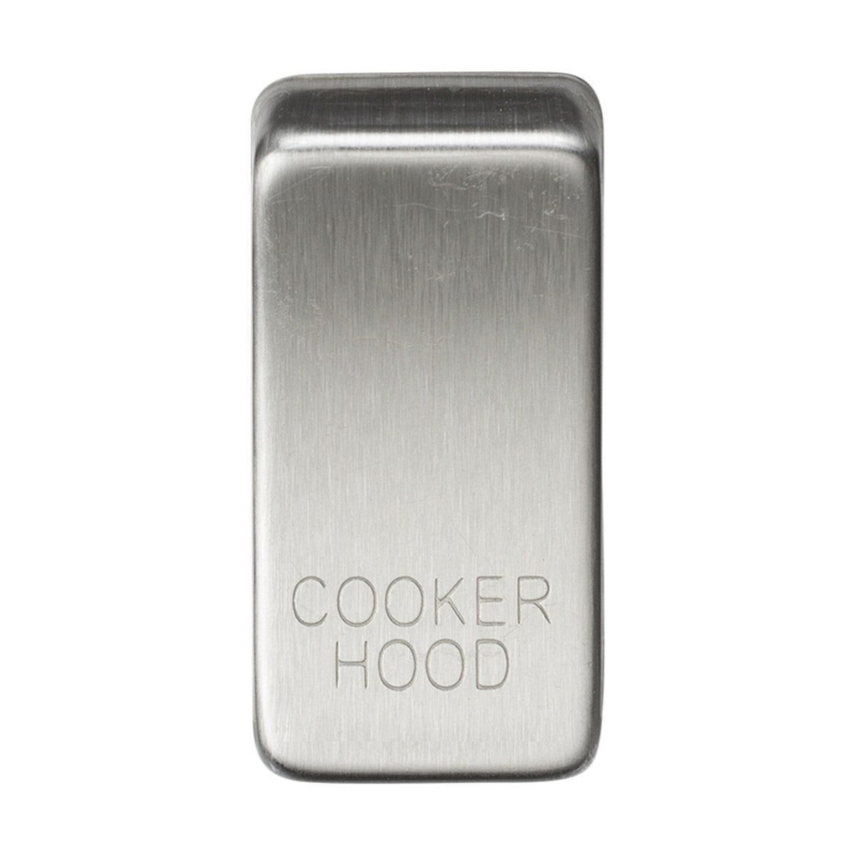 A rectangular switch cover labeled "Marked COOKER HOOD," made of stainless steel, showcases a brushed chrome finish. Its subtly reflective surface enhances its sleek, modern look by capturing light and shadows.