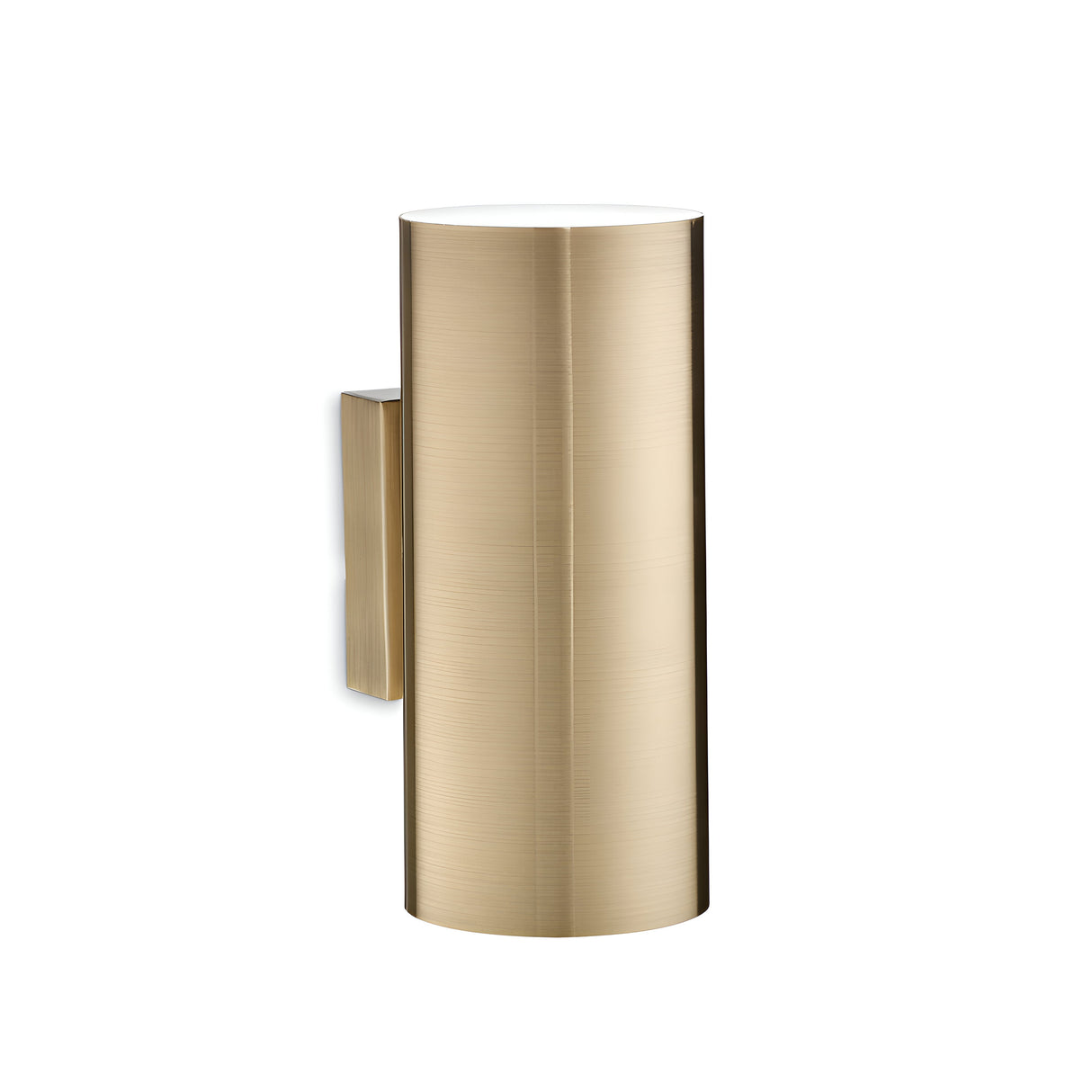 Introducing the Noctis 2 Light Wall Light in Brass, a contemporary cylindrical wall sconce that boasts a brushed brass finish. Designed for indoor use, this modern fixture is mounted on a rectangular backplate, offering a sleek look that complements adjustable light sources with ease.